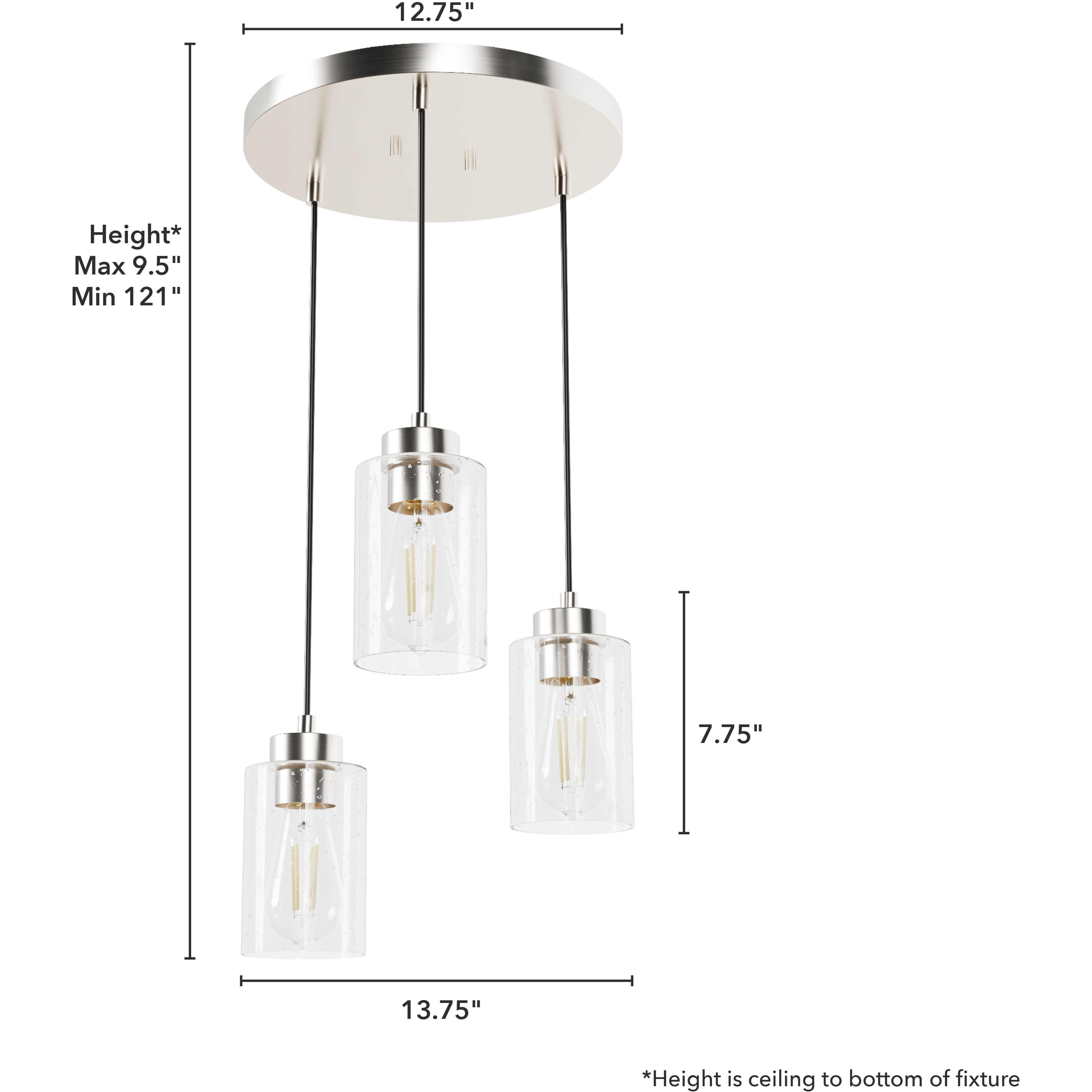 Hartland 3 Light 13.75 inch Brushed Nickel Round Cluster Pendant Ceiling Light, Medium