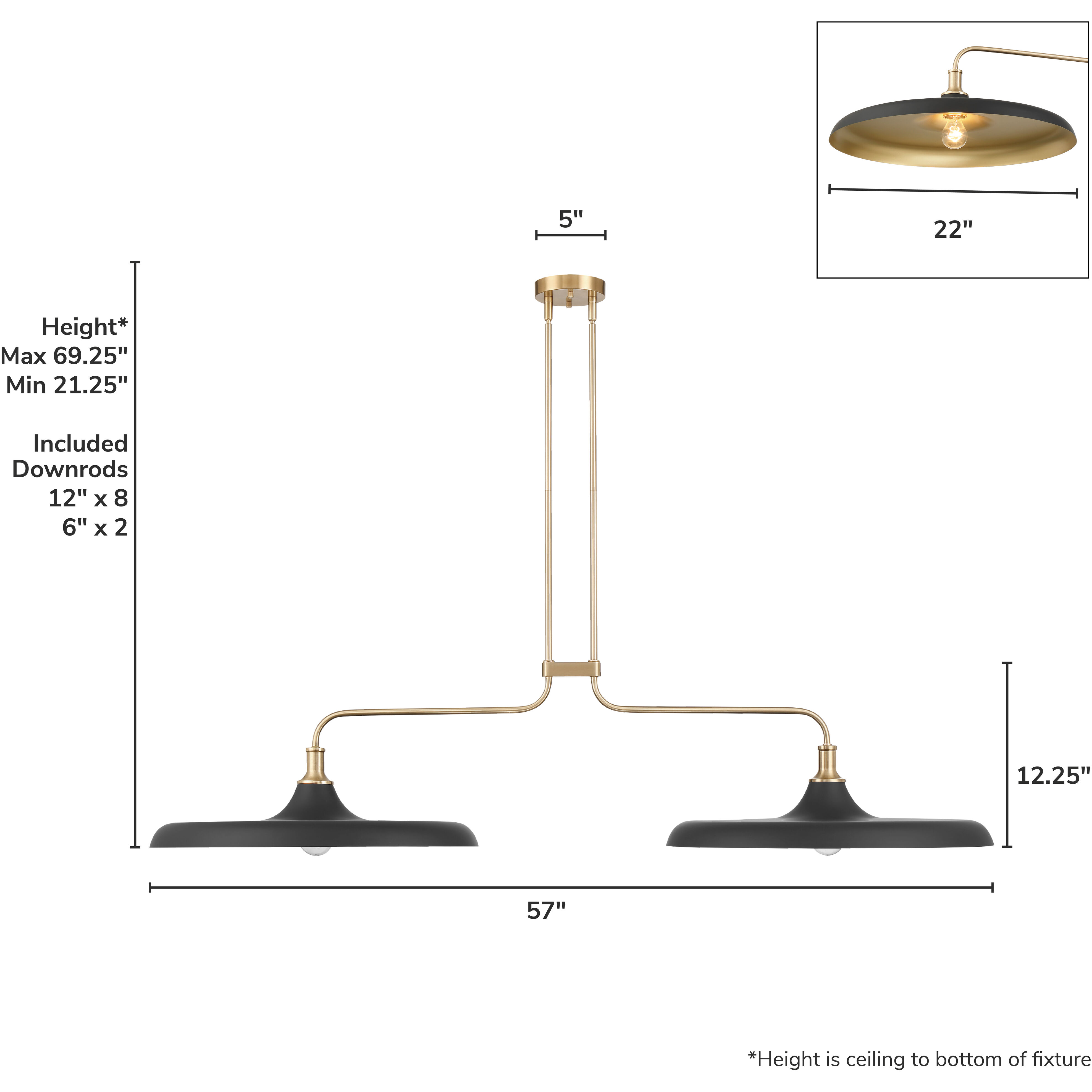 Moriso 2 Light 57 inch Matte Black and Modern Brass Linear Chandelier Ceiling Light, Large