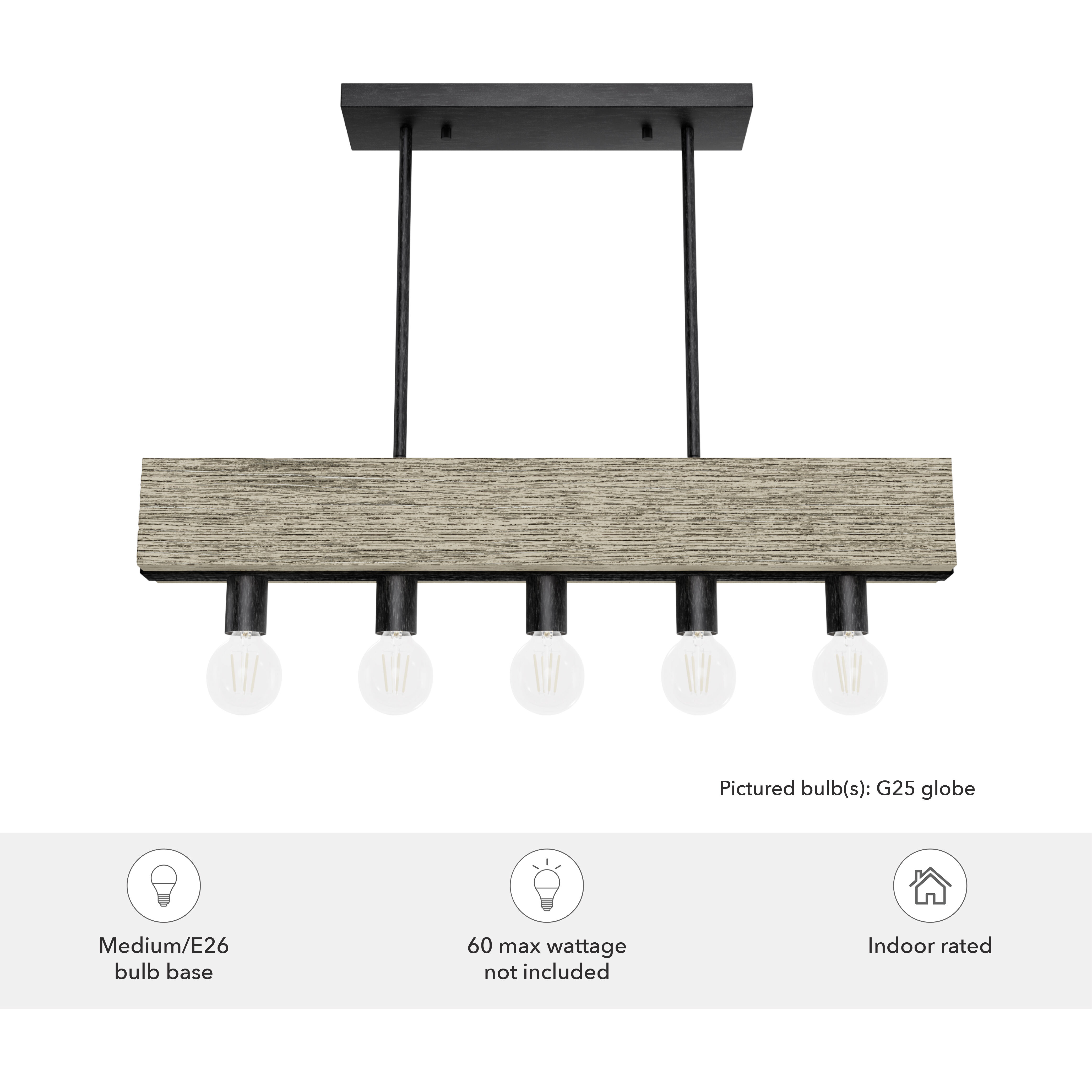 Donelson 5 Light 30 inch Rustic Iron and Barnwood Linear Chandelier Ceiling Light, Small