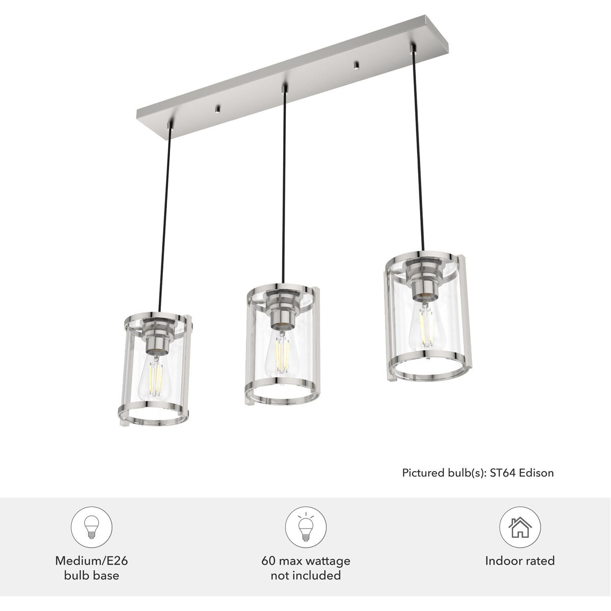 Astwood 3 Light 9 inch Polished Nickel Linear Cluster Pendant Ceiling Light
