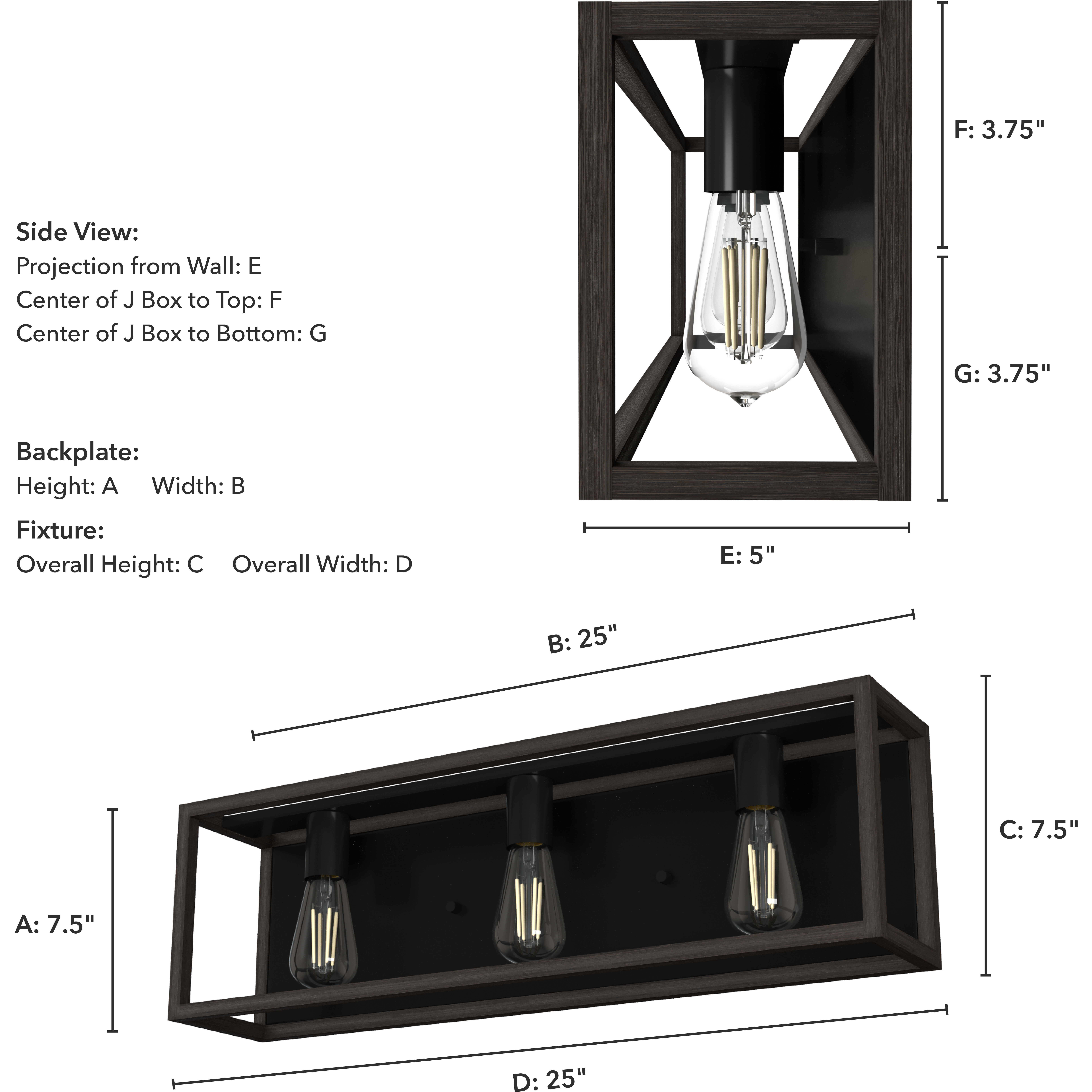 Squire Manor 3 Light 25 inch Matte Black Vanity Light Wall Light