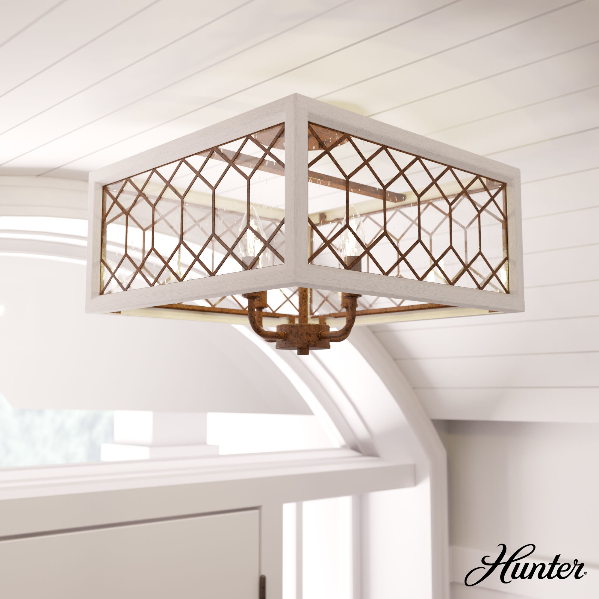 Chevron 4 Light 16 inch Textured Rust and Distressed White Semi-Flush Mount Ceiling Light