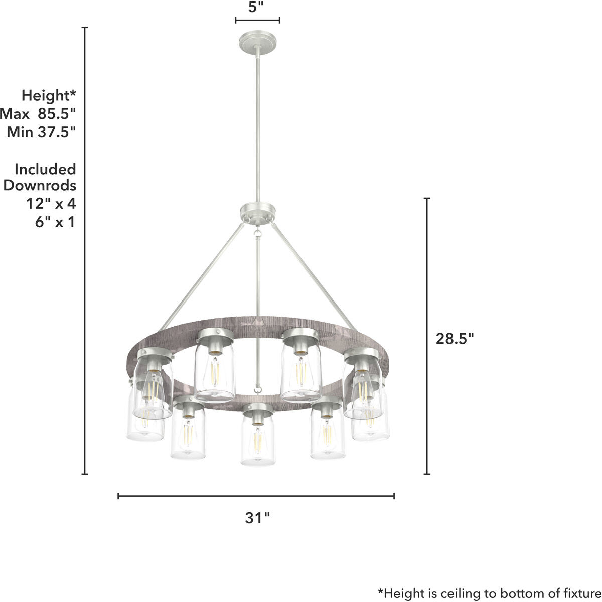 Devon Park 9 Light 31 inch Brushed Nickel and Grey Wood Chandelier Ceiling Light