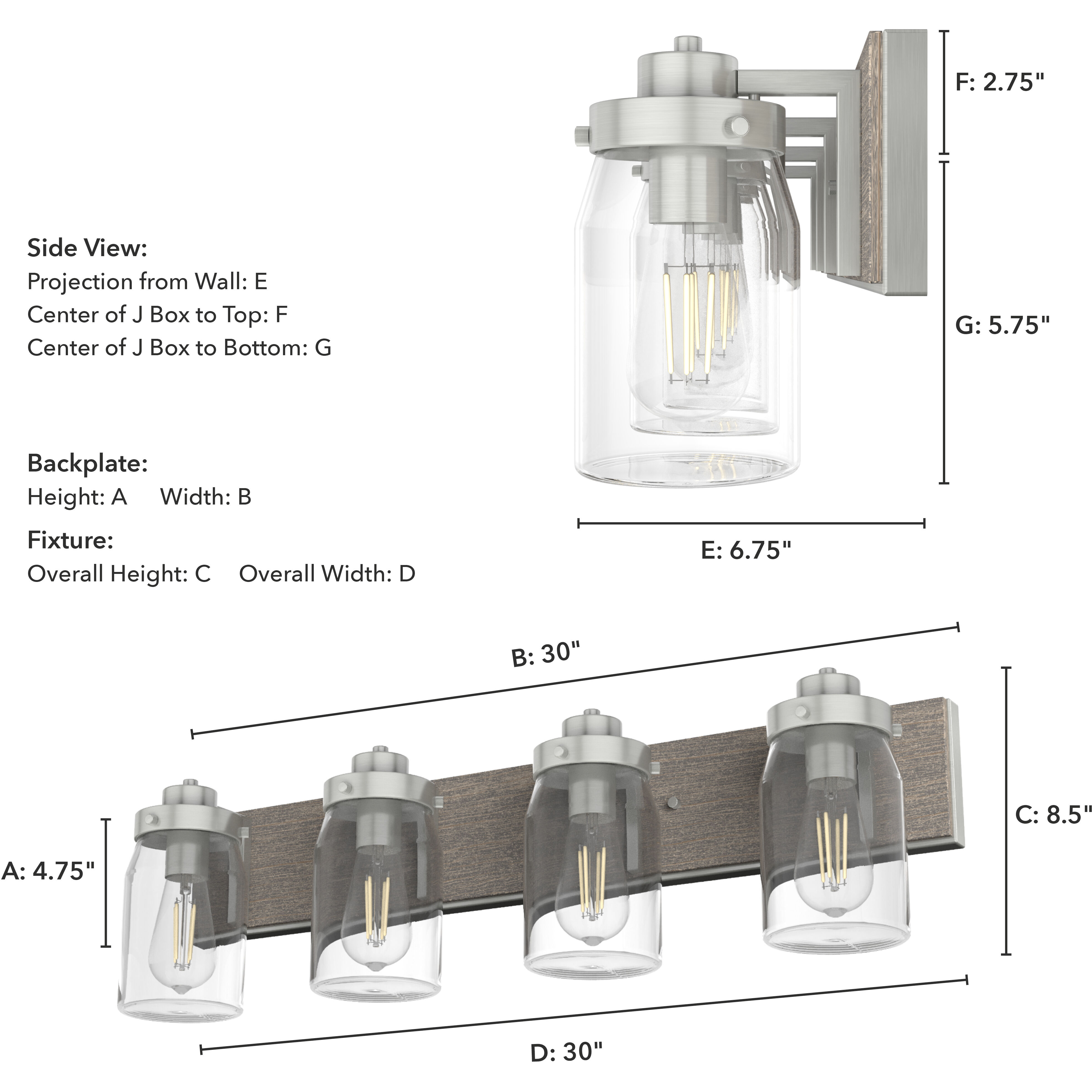 Devon Park 4 Light 30 inch Brushed Nickel and Grey Wood Vanity Light Wall Light