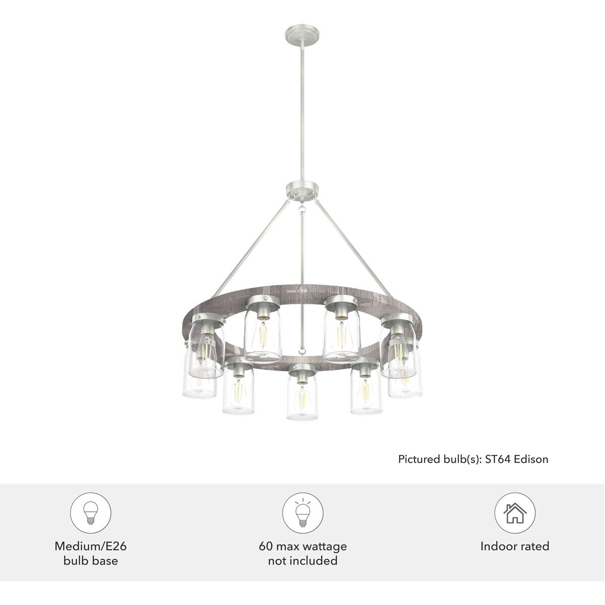Devon Park 9 Light 31 inch Brushed Nickel and Grey Wood Chandelier Ceiling Light