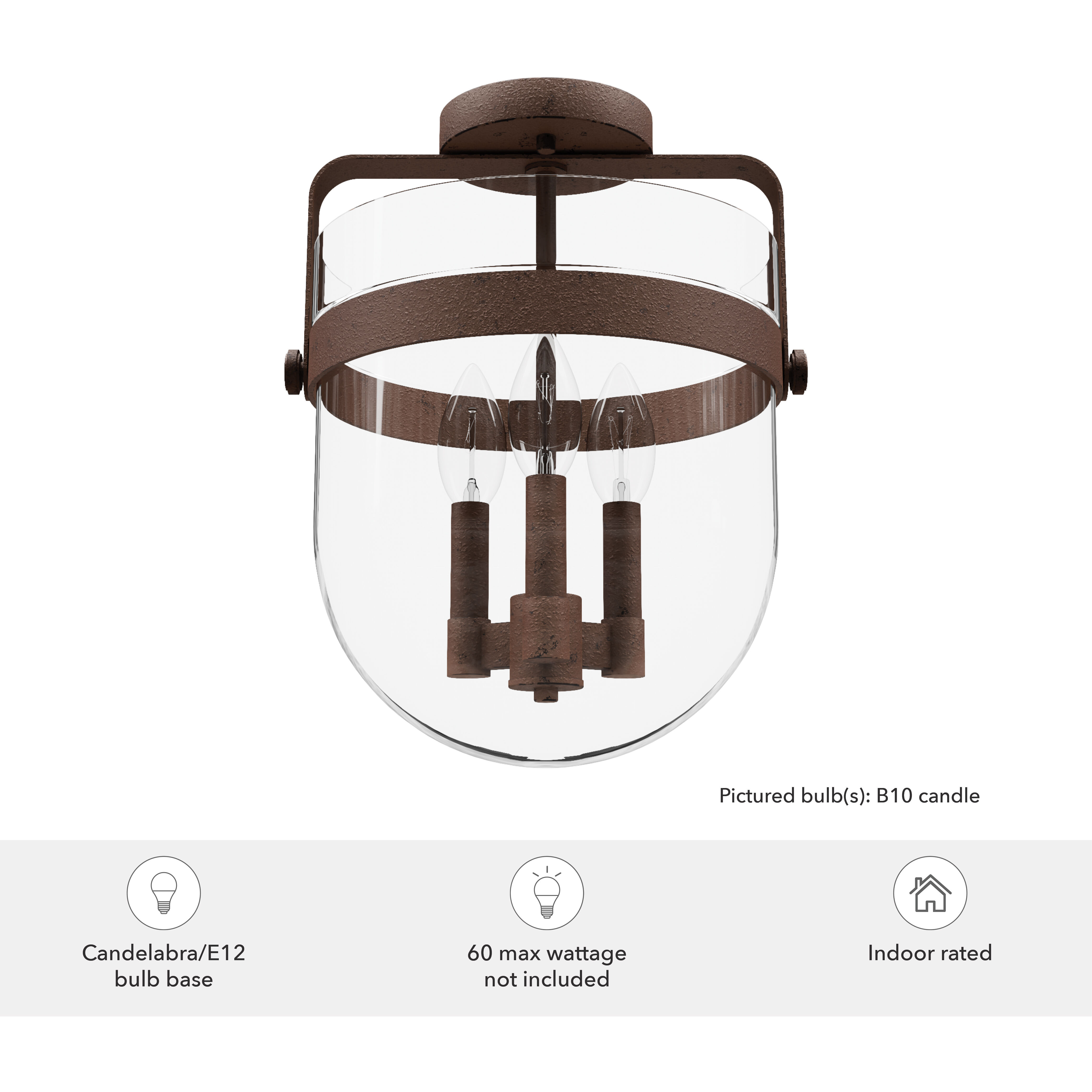 Karloff 3 Light 11.75 inch Textured Rust Semi-Flush Mount Ceiling Light