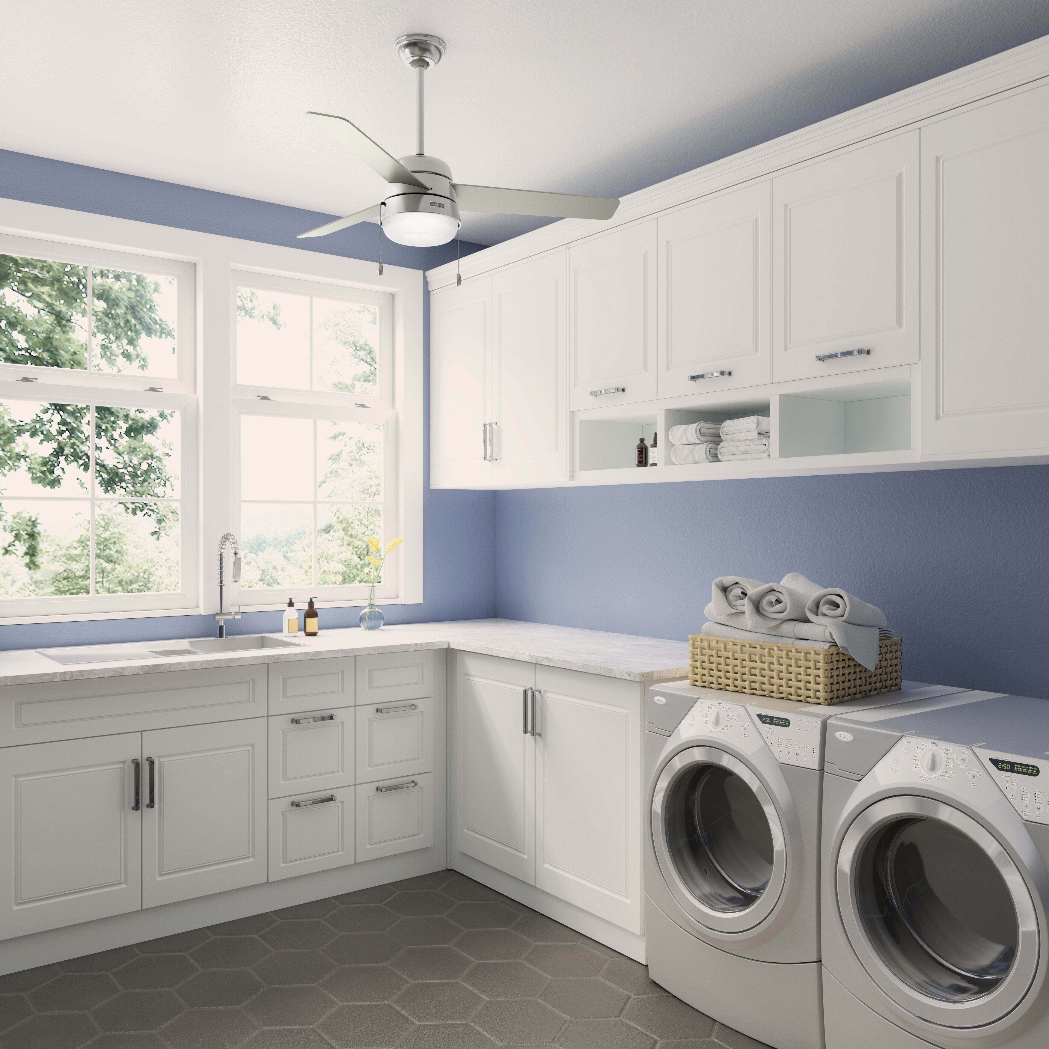 Aker 52 inch Brushed Nickel with Matte Nickel/Light Grey Oak Blades Ceiling Fan