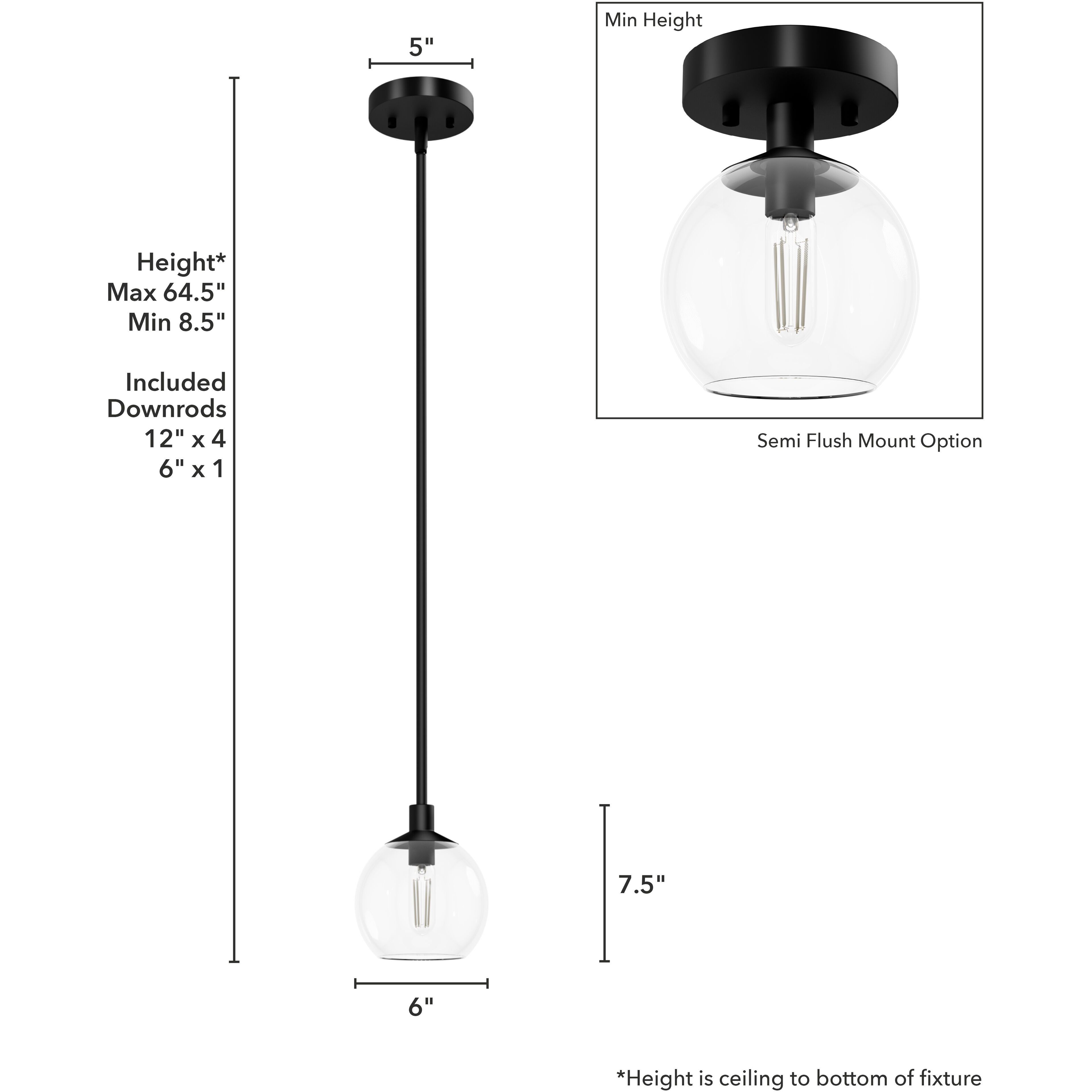 Xidane 1 Light 6 inch Matte Black Pendant Ceiling Light
