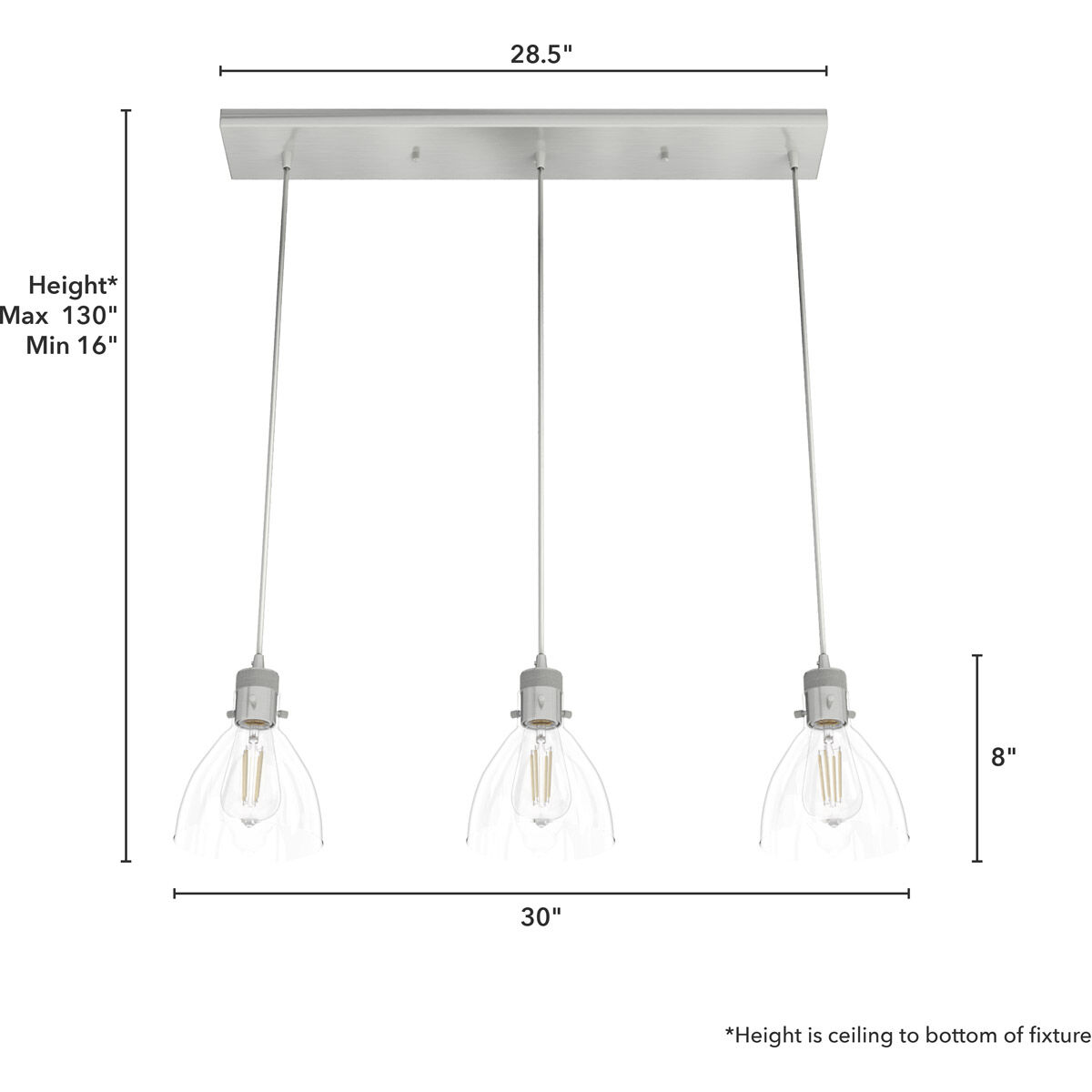 Van Nuys 3 Light 30 inch Brushed Nickel Linear Cluster Pendant Ceiling Light