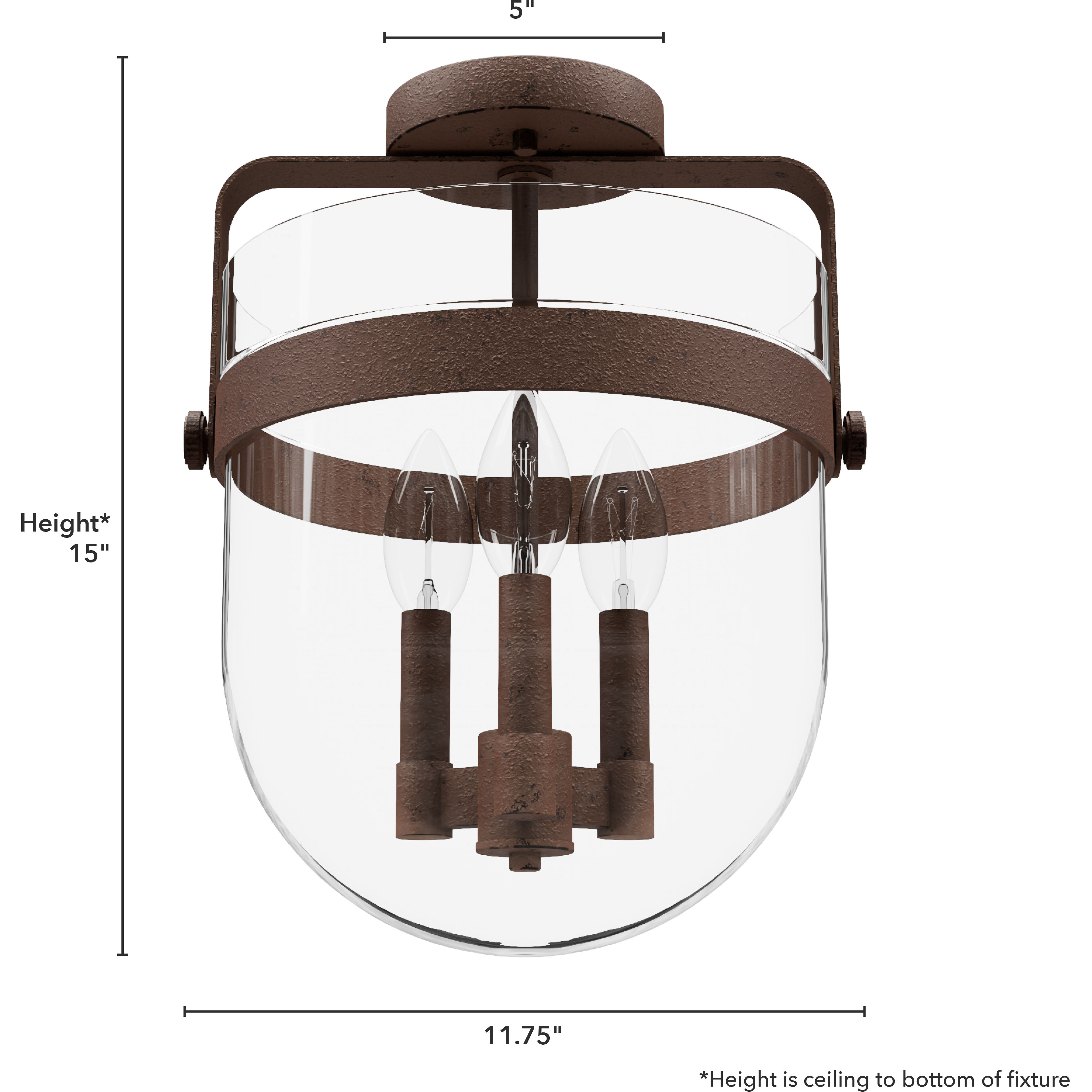 Karloff 3 Light 11.75 inch Textured Rust Semi-Flush Mount Ceiling Light
