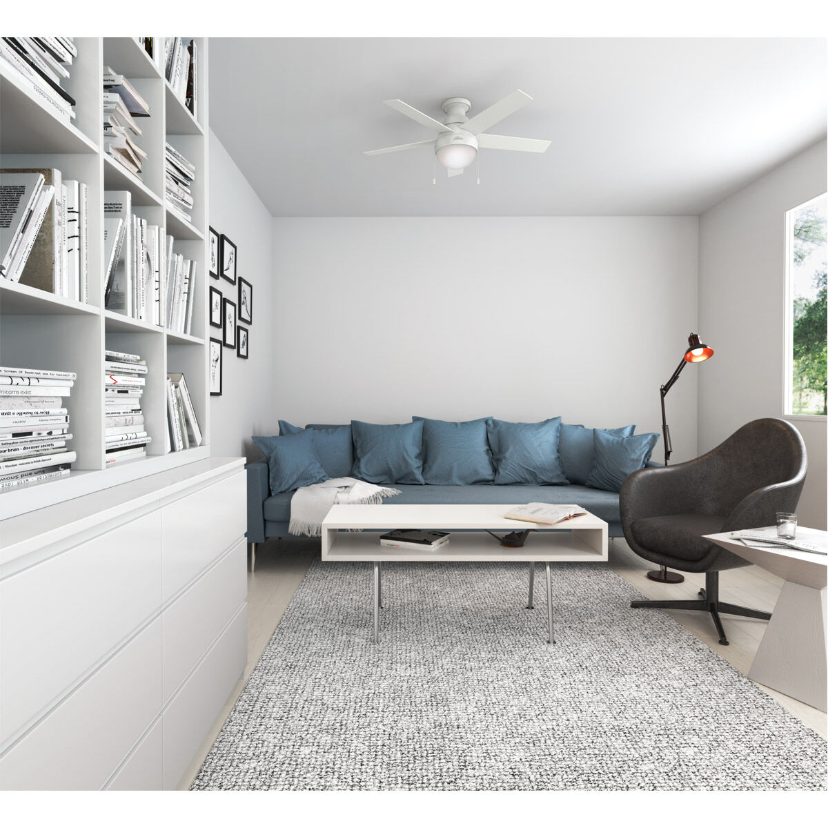 Anslee 46 inch Fresh White with Fresh White/Natural Wood Blades Ceiling Fan, Low Profile