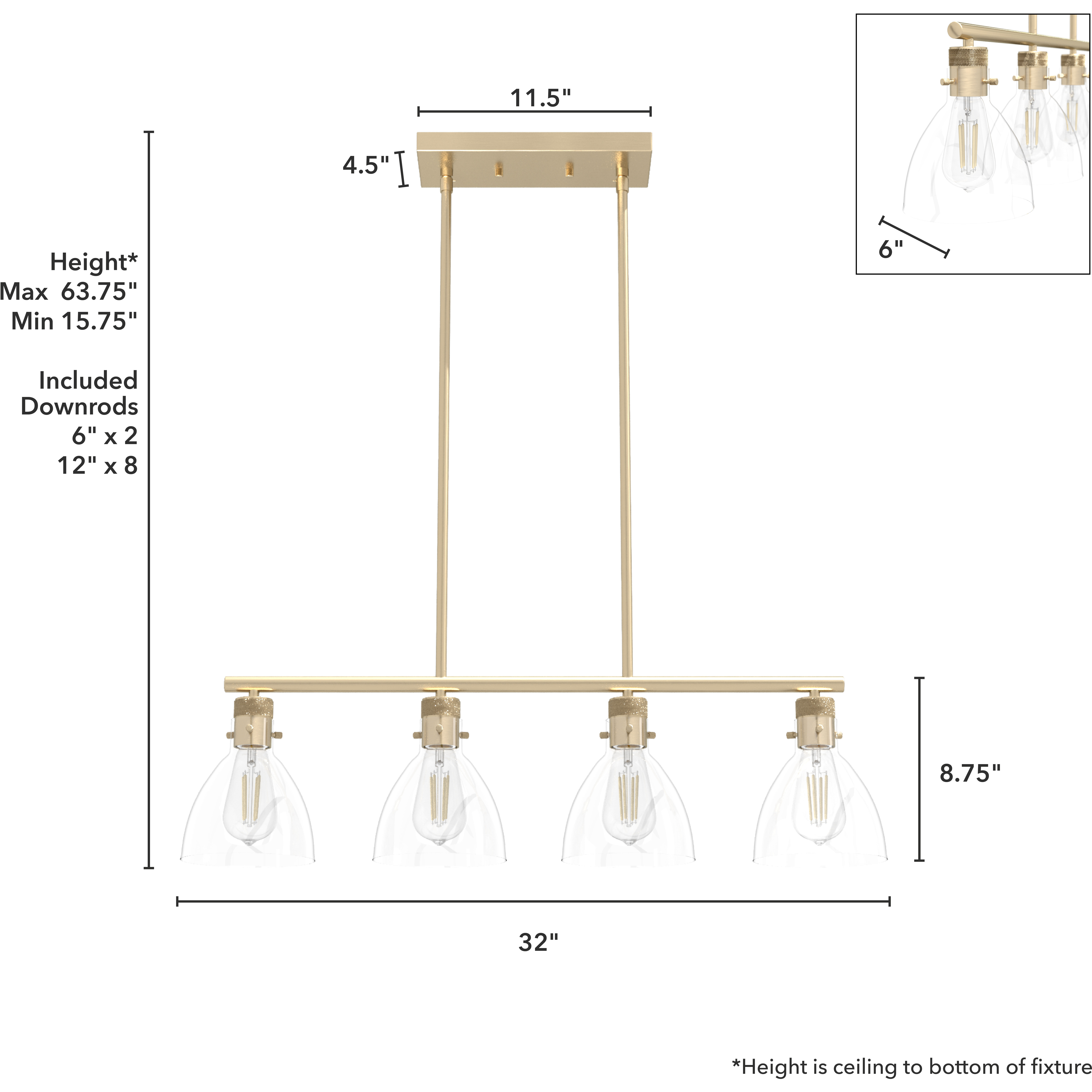 Van Nuys 4 Light 32 inch Alturas Gold Linear Chandelier Ceiling Light, Medium