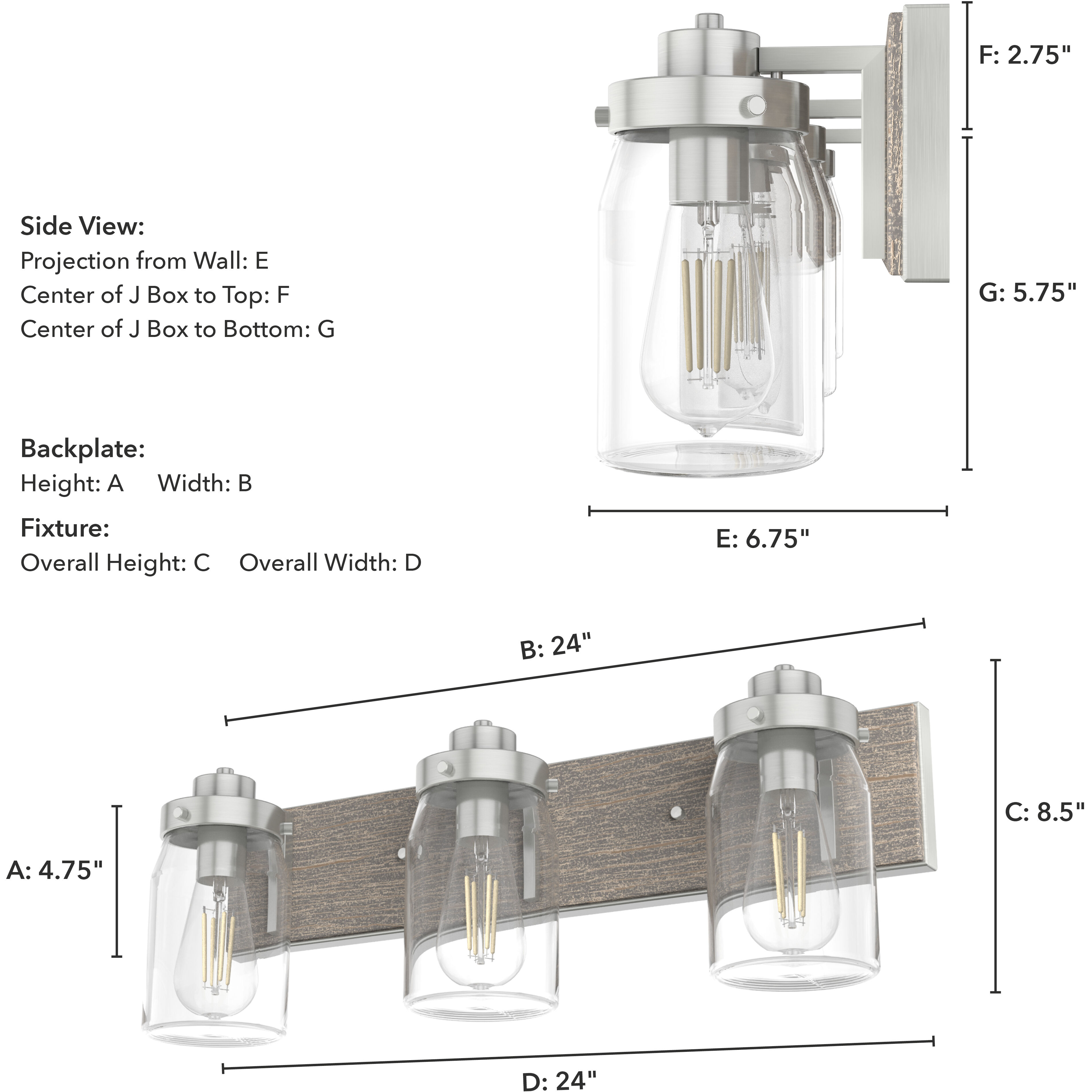 Devon Park 3 Light 24 inch Brushed Nickel and Grey Wood Vanity Light Wall Light