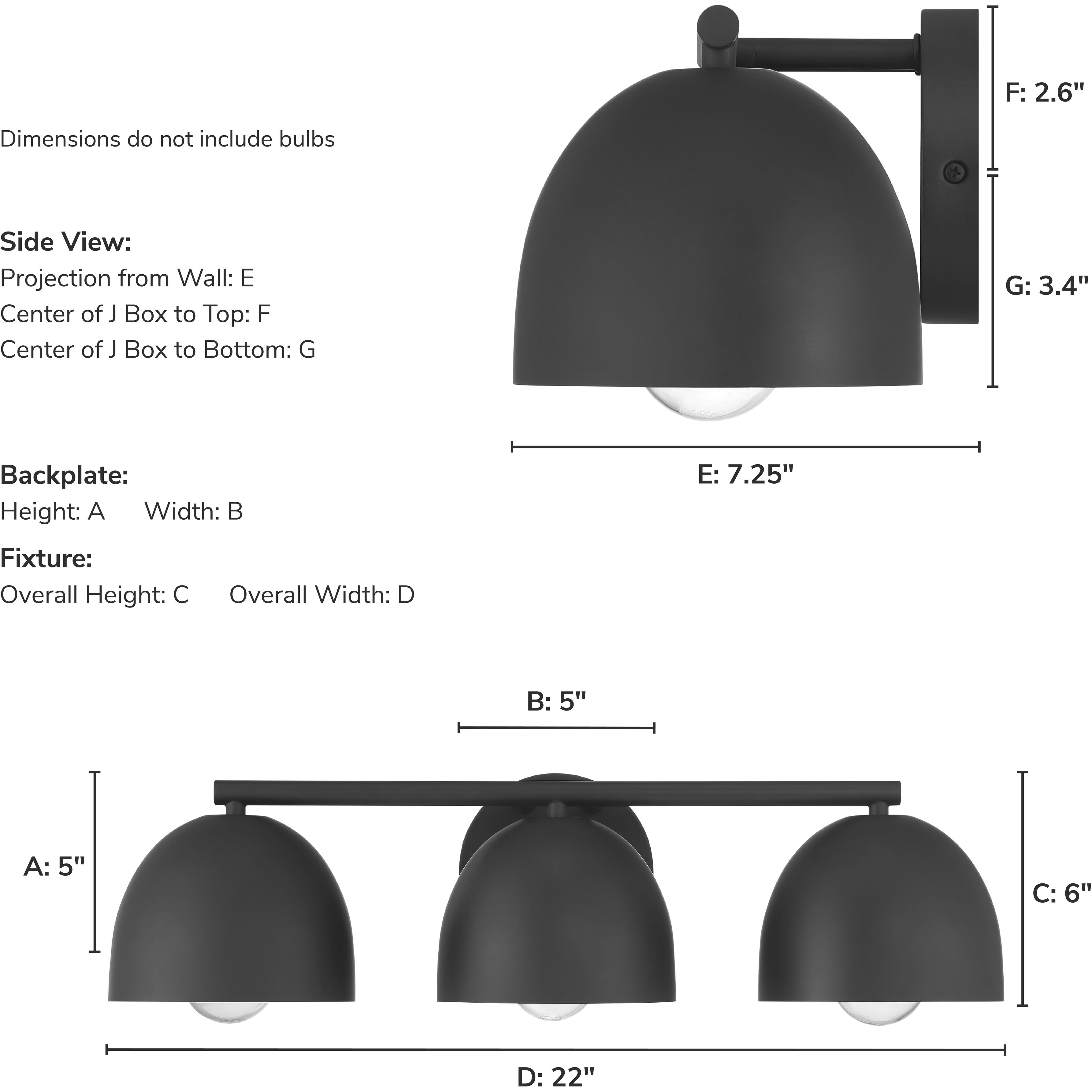 Erling 3 Light Matte Black Vanity Light Wall Light, Medium