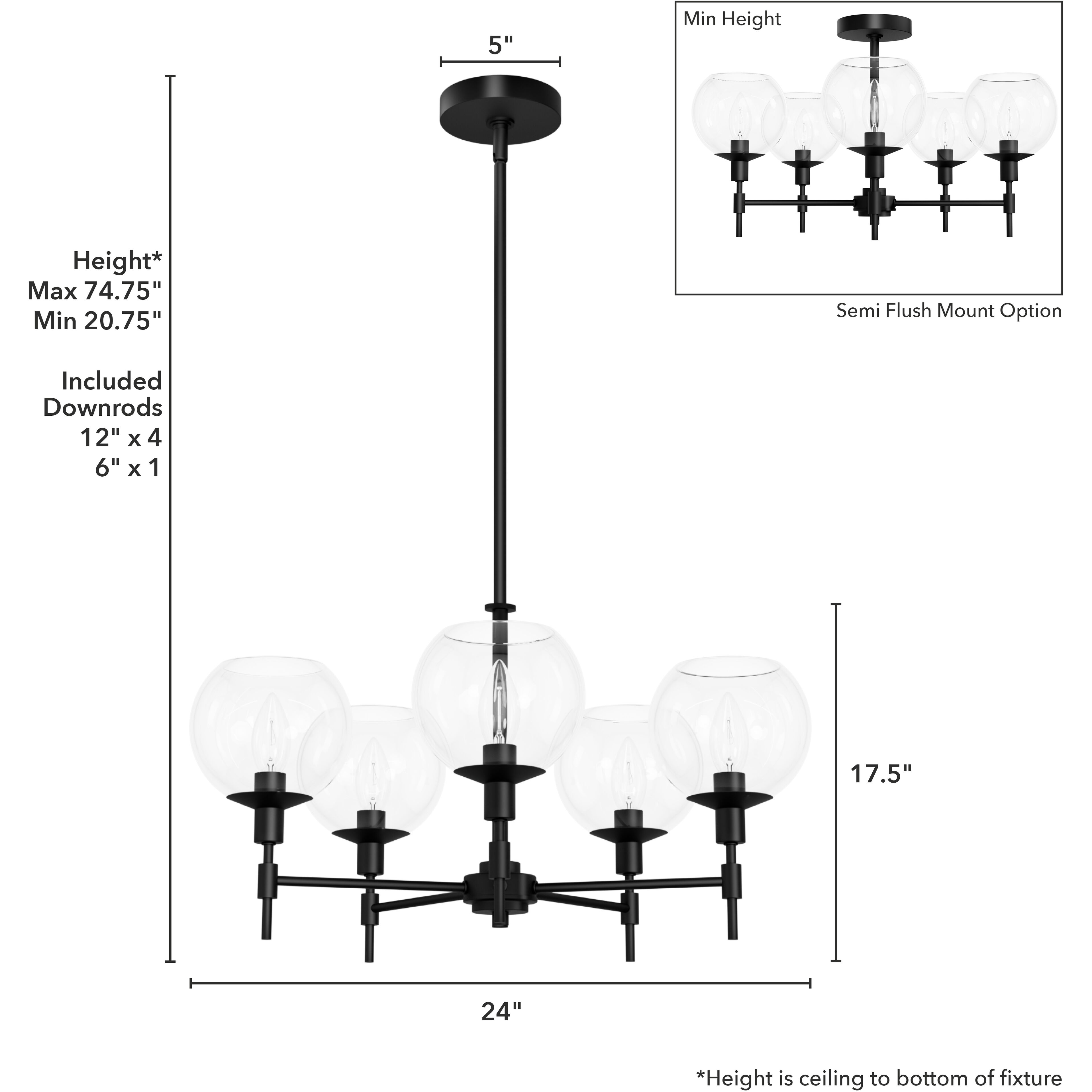 Xidane 5 Light 24 inch Matte Black Chandelier Ceiling Light